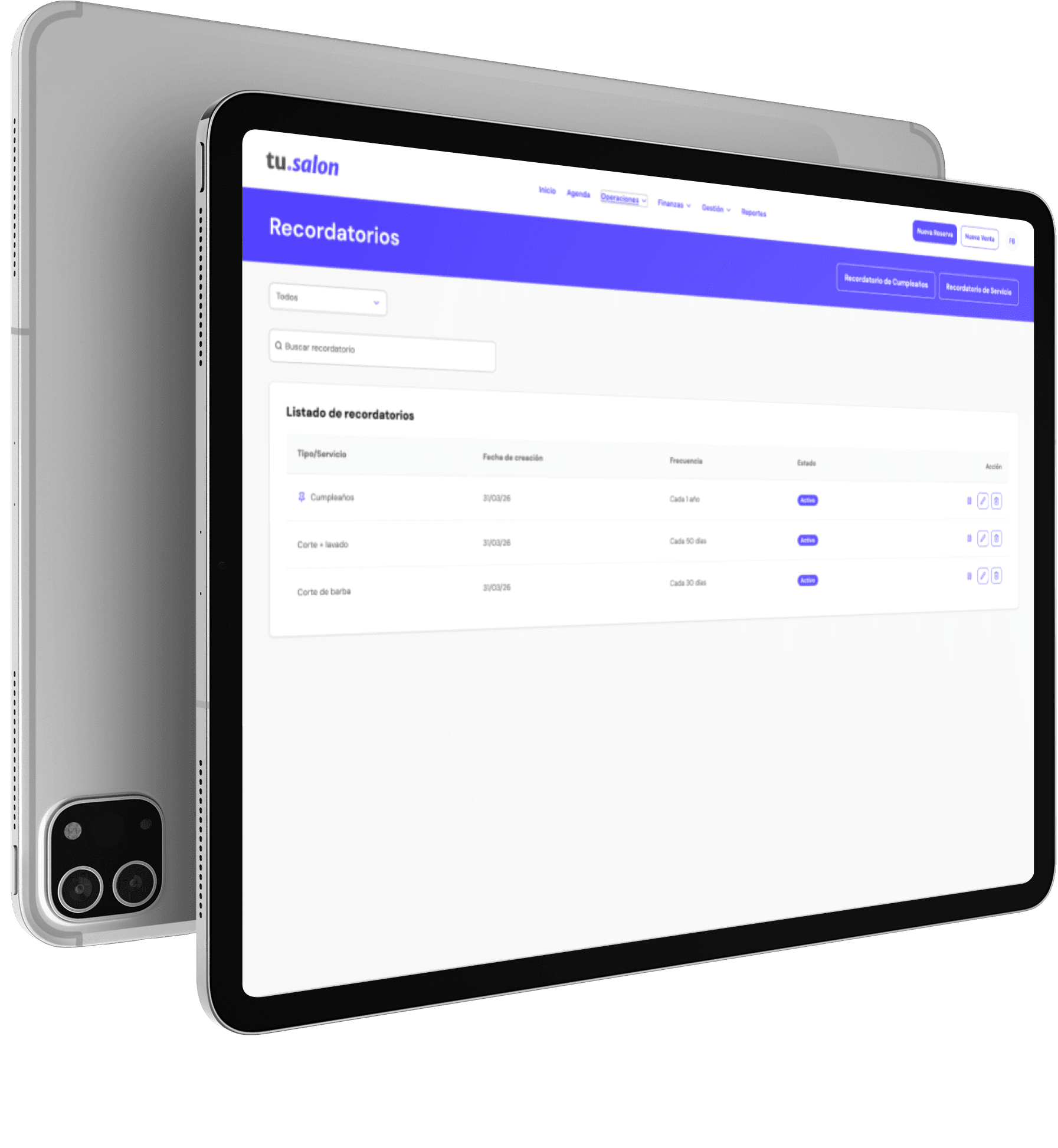 Tablet mostrando la sección de recordatorios del sistema
